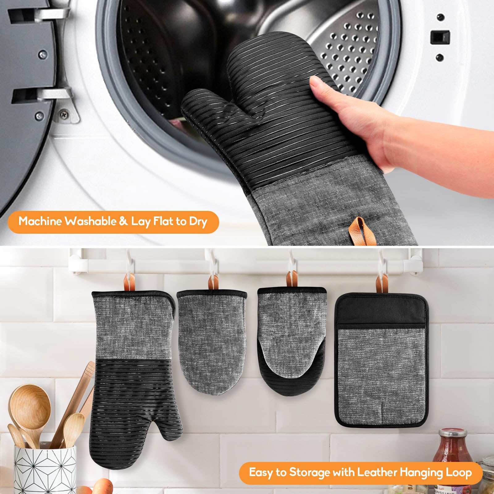 TIPTAP 4PCS Oven Mitts Set，Non-Slip Cotton Oven Mitt and Pot Holders – Heat Resistant, Durable，Machine Washable，1 Long Mit, 2 Mini Oven Mitts and 1 Pot Holder (Blue)