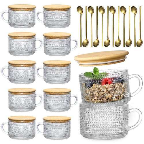 LANDNEOO 12pcs Set Irish Coffee Glasses, Vintage Coffee Mugs, Overnight Oats Containers with Bamboo Lids and Spoons - 14oz Clear Embossed Glass Cups, Cute Coffee Bar Accessories, Iced Coffee Glasses