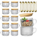 LANDNEOO 12pcs Set Irish Coffee Glasses, Vintage Coffee Mugs, Overnight Oats Containers with Bamboo Lids and Spoons - 14oz Clear Embossed Glass Cups, Cute Coffee Bar Accessories, Iced Coffee Glasses