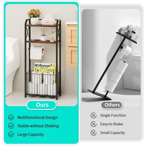 HapiRm Freestanding Toilet Paper Holder - 4-Tier Bathroom Tissue Organizer with Wood Shelves and Large Basket, Toilet Paper Holder Stand for Bathroom, Laundry Room, Apartment - Black（Large）