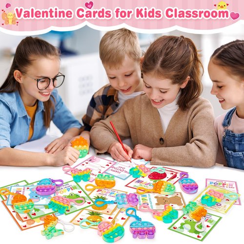 Jumlys Valentines Day Cards for Kids School, 24 Pack Pop Fidget Keychains Bulk, Valentine Day Party Favors for Boys Girls, Ideal Exchange Cards for Classroom