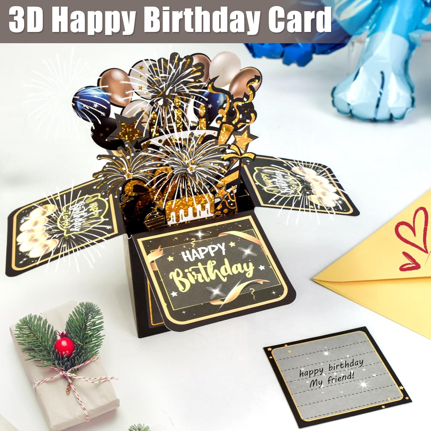 Surprise Pop Up Birthday Cards - Unique 3D Handmade Greeting Card for Adults & Kids | Black Design