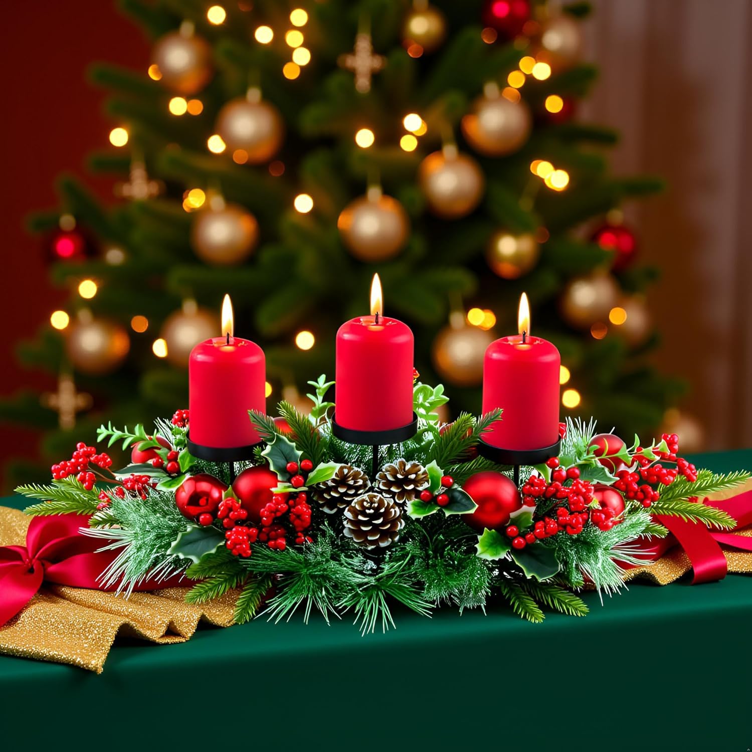 YULETIME 28" Christmas Triple Candelabrum - Festive Candle Holder with Red Baubles & Natural Pine Decor