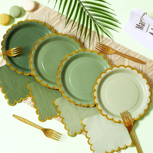 Leapig Green mix scalloped party plates with napkins and fork gold foil border, 24 Guest disposable Tableware Set Sage Green Party Decoration for Birthday Coquette Bridal Baby Shower Valentines