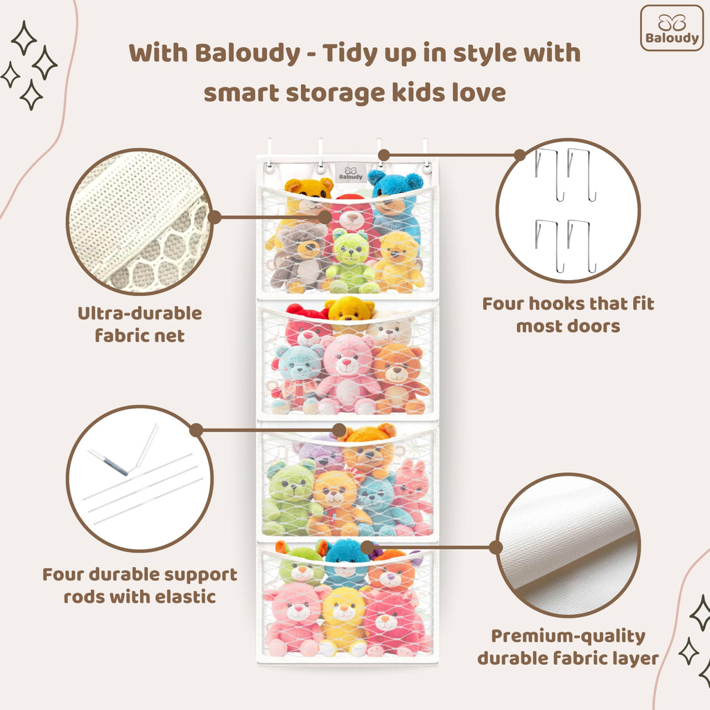 Baloudy Stuffed Animal Storage – Over Door Toy Organizer for Plush, Stuffies & Soft Toys – Large Mesh Bag Hammock Hanging Storage for Girls, Boys, Toddlers, Baby Room – Space Saver Solution (jungle)