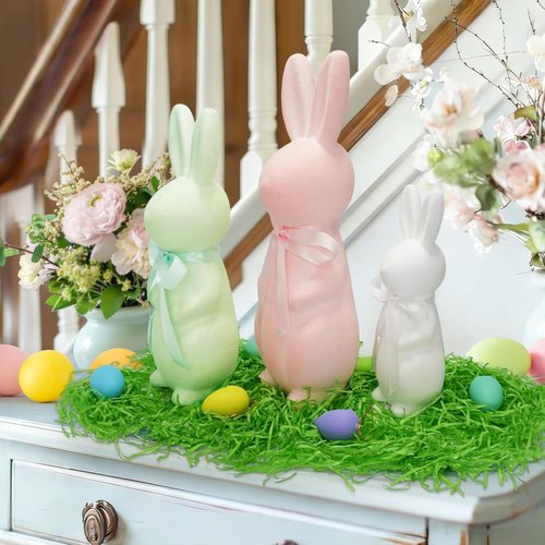 Letsroar Easter Bunny Decor Set - 3 Pack Flocked Bunnies (10", 13", 15") with Eggs & Grass | Spring Table Centerpiece