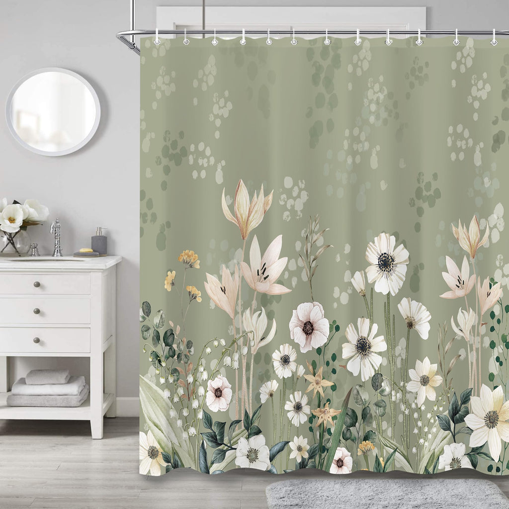 oolygoo Green Boho Floral Shower Curtain 60"X72" Flower Shower Curtain Set for Bathroom Plant Botanical Leaves Chic Pretty Waterproof Bathtub Curtain Decor Wildflower Bathroom Curtain with 12 Hooks