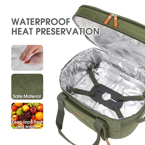 FUN ELEMENTS Double Layer Slow Cooker Carrying Bag for 6-8 Quart Oval CrockPot, Insulated Travel Carrier with Support Pad and Adjustable Straps, Top Zip Compartment and Front Pocket for Utensils,Green