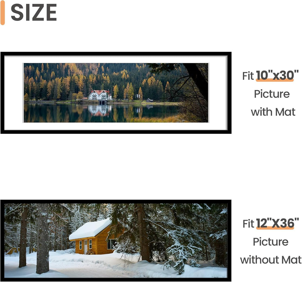 Upsimples 12x36 Picture Frame - Display 10x30 Photos with Mat or 12x36 Without - Black, 1 Pack
