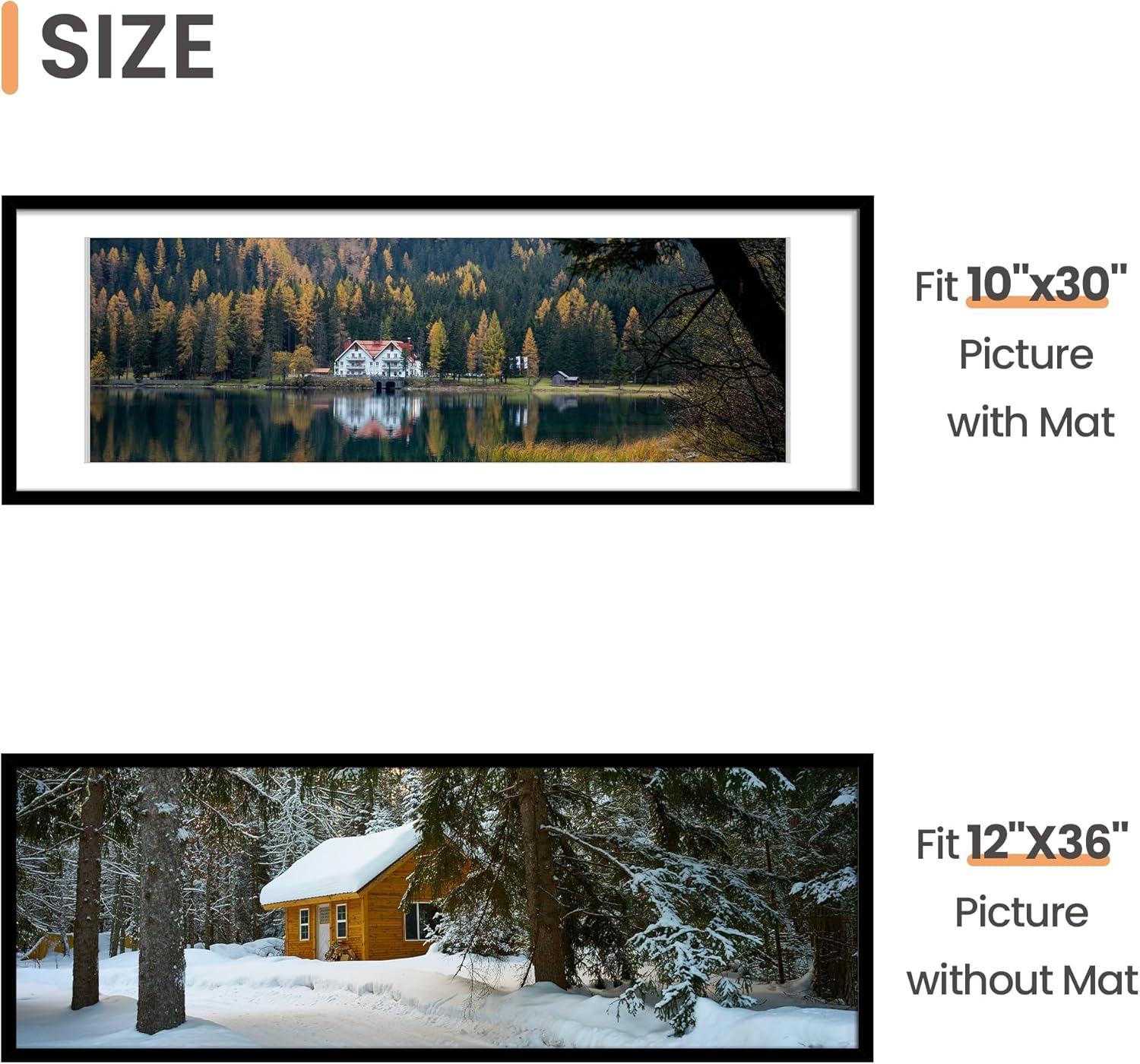 Upsimples 12x36 Picture Frame - Display 10x30 Photos with Mat or 12x36 Without - Black, 1 Pack