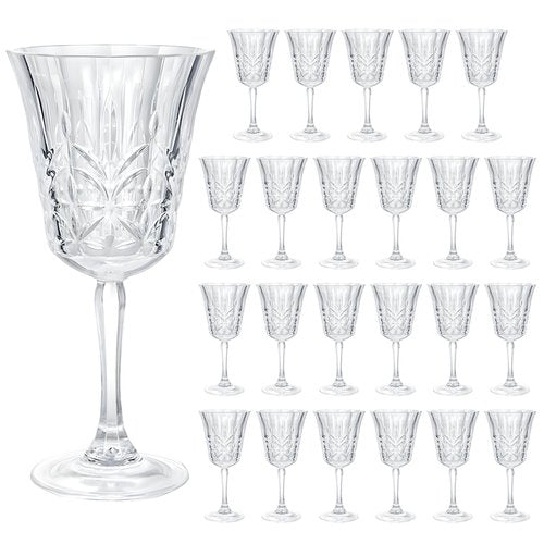 LEYIQU Plastic Wine Glasses 10oz Vintage Goblets Unbreakable Reusable BPA-Free Stemmed Drinking Glasses for Easter Parties, Weddings & Events Leaf-Patterned (Set of 24, Clear)