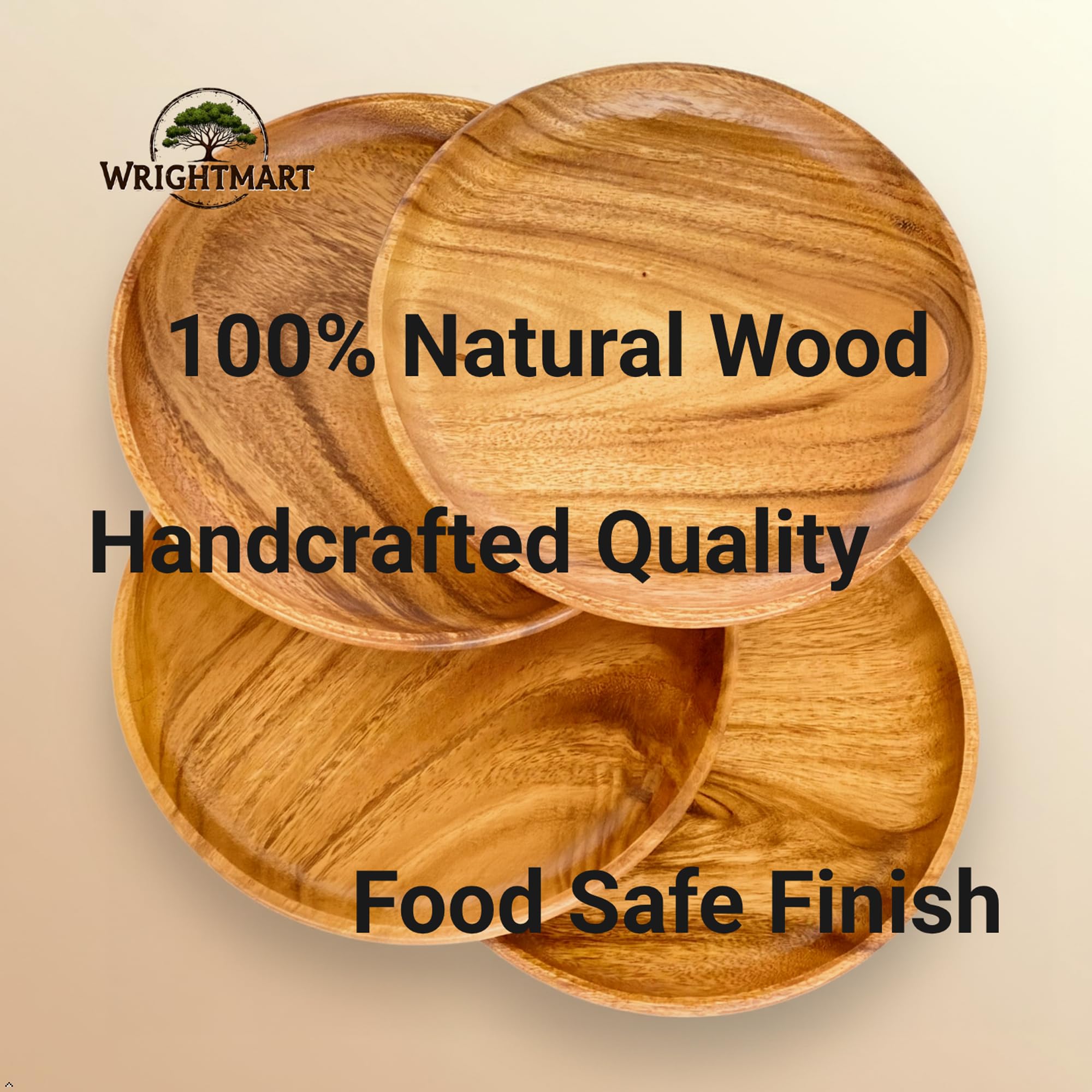 WRIGHTMART Set of 4 – 10 Inch Round Acacia Wood Dinner Plates – Solid Hardwood Wooden Plates for Steak, Pasta, Salad, BBQ, Charcuterie – Natural Wood Grain Dinnerware