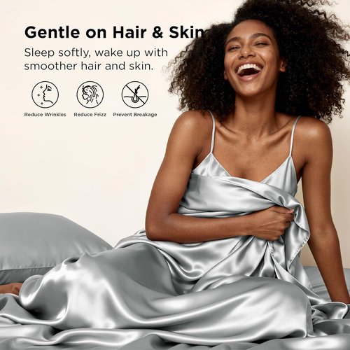 Bedsure Satin Sheets - 4-Piece Queen Size Silky Bedsheets with Deep Pocket & Elastic Straps | Silver Grey