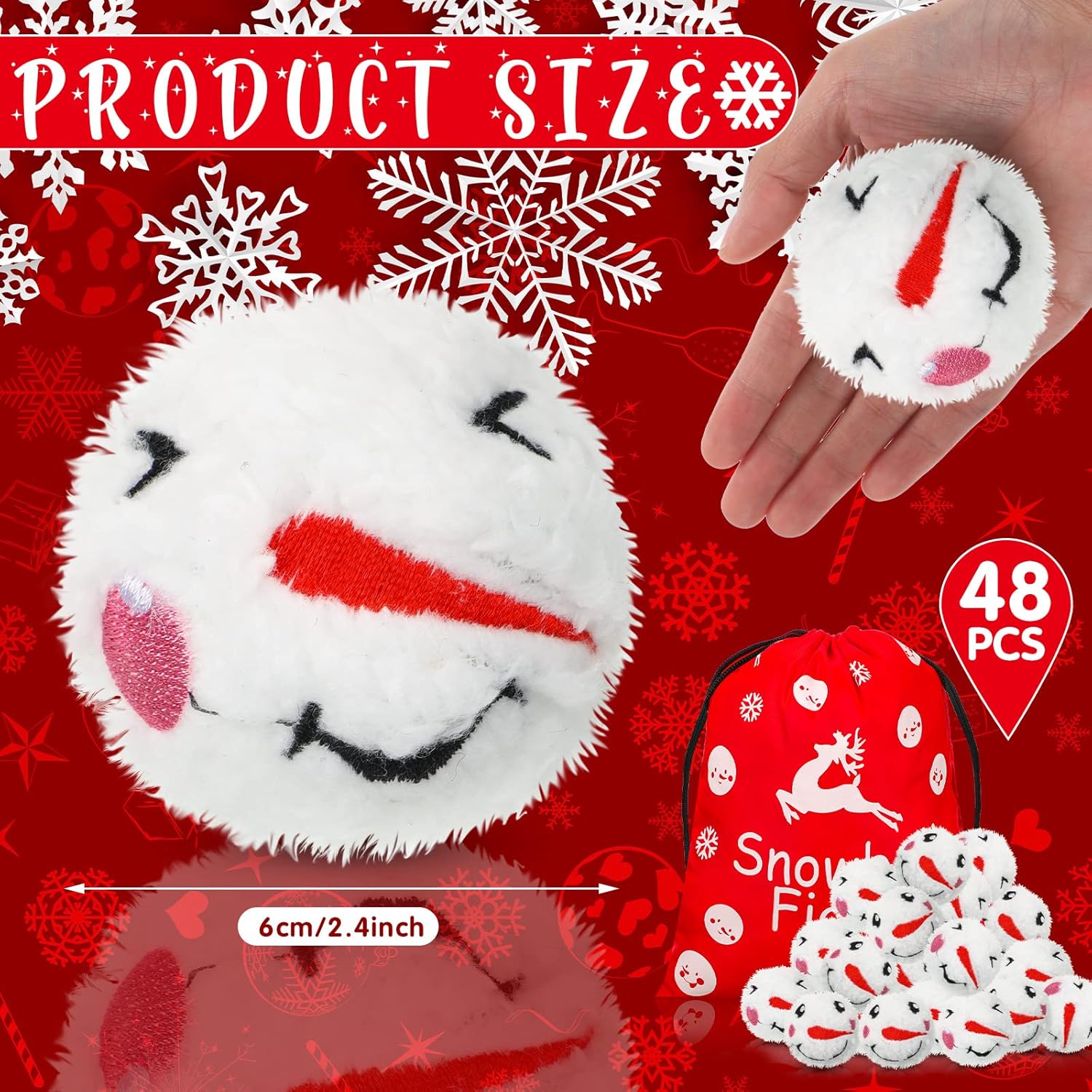 Skiennix 48-Pack Christmas Snowballs - 2.4-Inch Plush Snowman Balls for Indoor Winter Decor | 2 Styles Included