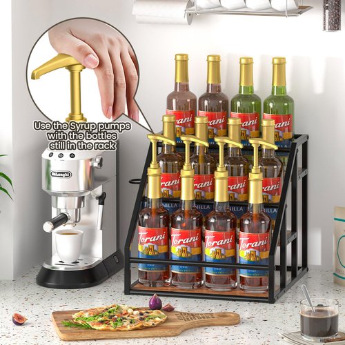 Homedawn Coffee Syrup Rack Organizer, Spice Racks, Syrup Bottle Holder Stand for Coffee Bar, 3-Tier 12 Bottles Storage Shelves for Syrup, Wine, Dressing for Kitchen Countertop, Rustic Brown & Black