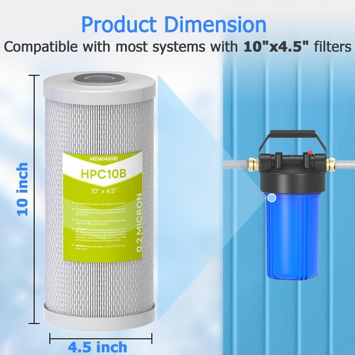MewMore 0.2 Micron 10" x 4.5" Water Filter with Pleated Polyester & Activated Carbon Block Composite Water Filter, Compatible with HHB10 and 10" Big Housings for Whole House, RVs, Boats - 2 Pack