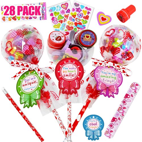 KPHNGB 28 Pack Valentines Gifts for Kids - Giant Lollipop-Shaped Class Stationery Set with Cards, Bulk Valentines Classroom Gifts for School Exchange Prizes