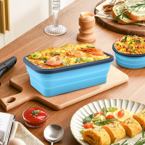 16 Pack Collapsible Food Storage Containers with Lid & Air Vent, 8 Rectangular and 8 Round Foldable Collapsible Silicone Lunch Containers Sets Bowls for Camping, Travel Trailer Must