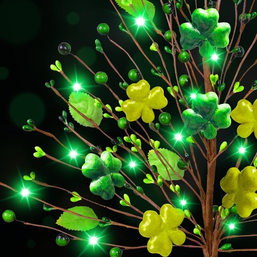 2 Pack 21 Inch St. Patrick's Day Decorations Lighted St. Patricks Day Trees Tabletop Battery Operated Shamrocks Shaped Berries Artificial Tree Irish Decorations Home Table Bedroom Indoor Party Decor