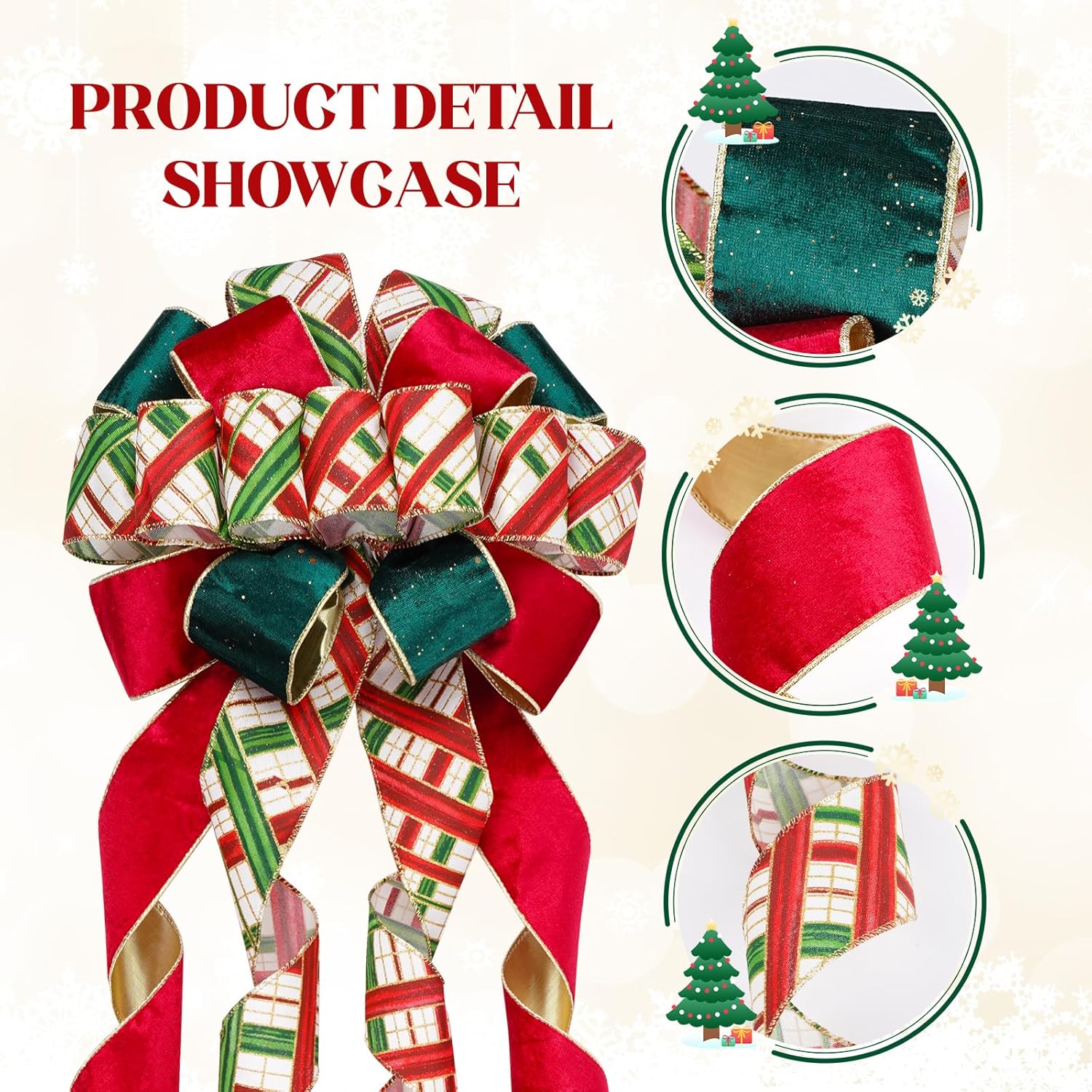 Skiennix Christmas Tree Topper Bow - 13" Large Velvet Red & Green Buffalo Plaid Decoration for Holiday & Festive Parties