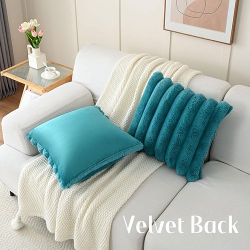 HAUSSY Faux Fur Throw Pillow Covers 18x18 Inch Set of 2,Decorative Striped Neutral Pillow Cases Soft Plush Couch Pillow Covers,Home Decor for Sofa,Bed, Living Room,Teal