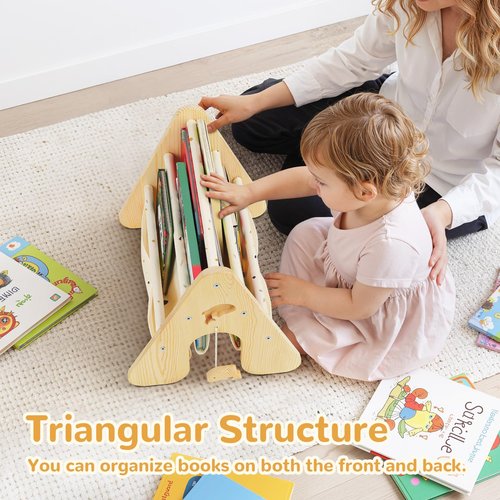 wooshwa Wooden Kids Bookshelf with Double Side, Montessori Book Shelf for Toddlers,4 Tier Sling Book Rack for Baby Nursery Room, Playroom, Classroom Bedroom (Terrazzo)