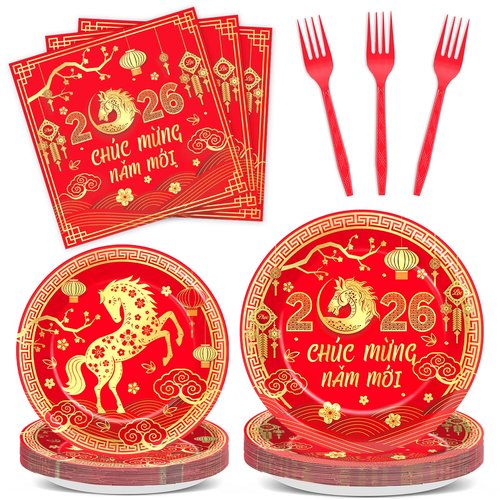 96Pcs Vietnamese New Year Party Decorations Vietnamese Horse Themed New Year Plates and Napkins 2026 Red Gold Horse Tableware Dinnerware Party Supplies for Spring Festival Lunar Decor Serves 24 Guests