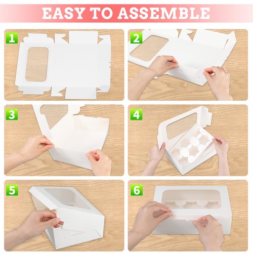 KGVZPT White Cupcake Boxes Holds 6 Standard Cupcake Container,50 Packs,Pastry and Bakery,9.4x6.1x3.14Inches Cookie Boxes with Window and Six Treat Holder for Birthday Holiday Party Bakery