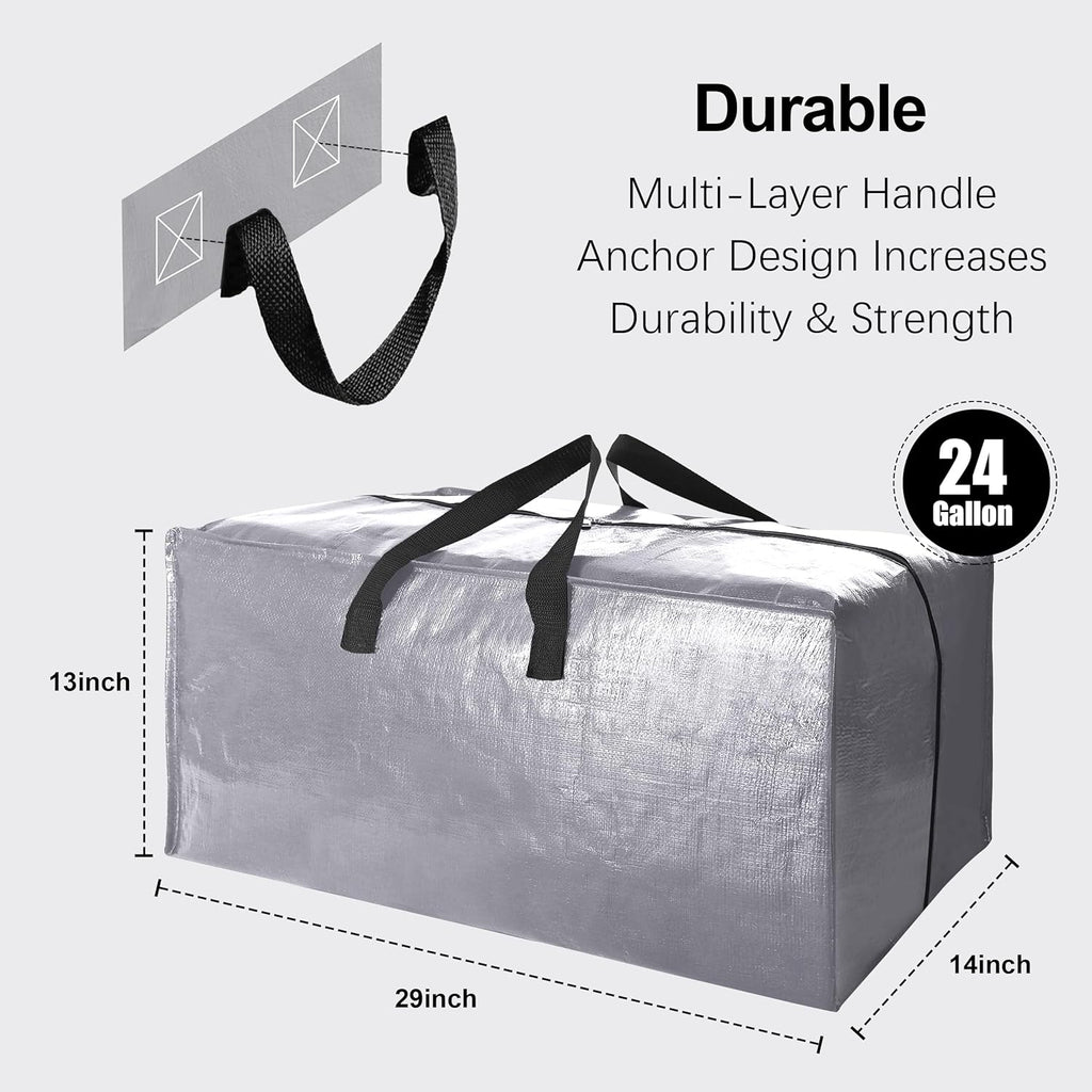 VELVETSURE Extra Large Heavy-Duty Moving Bags - Durable Storage Totes with Backpack Straps & Zippers | Set of 6, Silver