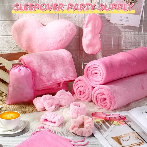 Fanfanwin 63 Pcs Spa Sleepover Party Supply Set 9 Pink Fleece Blankets 9 Fluffy Pink Heart Throw Pillows 9 Satin Eye Masks 9 Spa Headband 9 Wristband 9 Plush Scrunchies 9 Gift Bags for Slumber Party