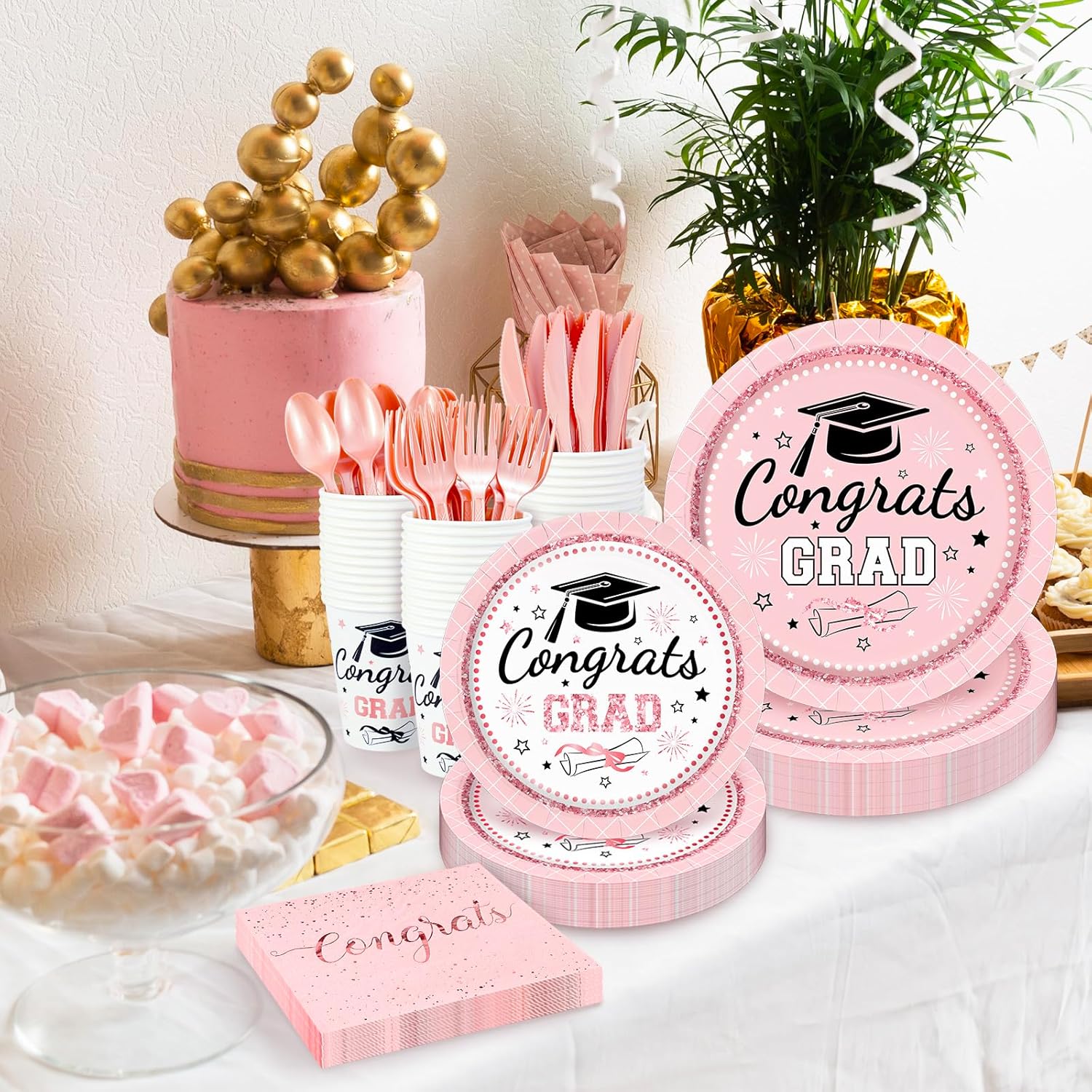 Whaline Graduation Paper Plates Set - 175 Pcs Pink Dinnerware for 25 Guests | Disposable Tableware & Napkins