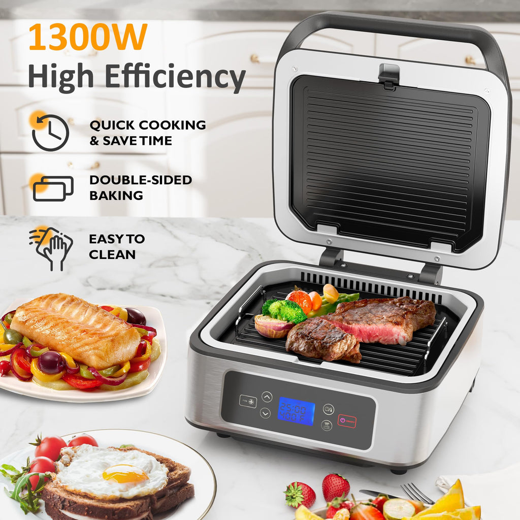 Sunvivi Indoor Grill, 1300W Smokeless Grill Indoor with Auto-Lift, Electric Griddle Nonstick with Removable Plates, Independent Upper Heating, Smart Time & Temperature Control, Easy to Clean and Store