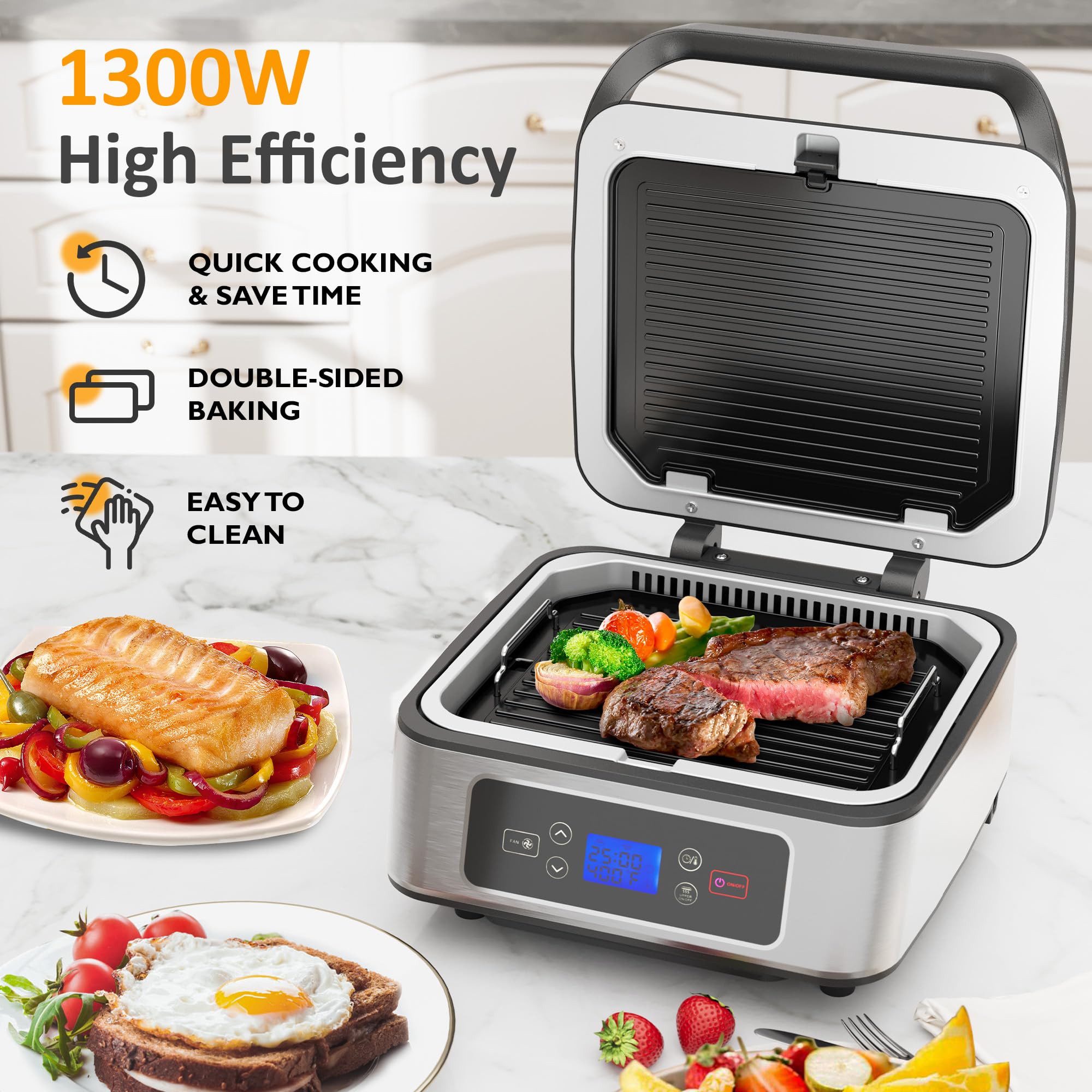 Sunvivi Indoor Grill, 1300W Smokeless Grill Indoor with Auto-Lift, Electric Griddle Nonstick with Removable Plates, Independent Upper Heating, Smart Time & Temperature Control, Easy to Clean and Store