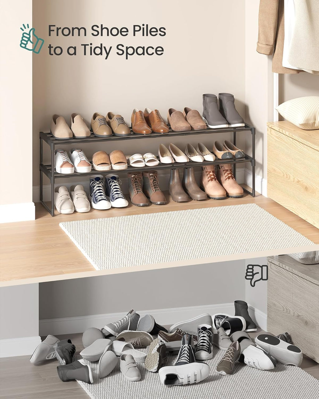 SONGMICS 2-Tier Shoe Rack - Stackable Metal Organizer for 15-18 Pairs | Black, 11.8 x 46.1 x 14.6 Inches