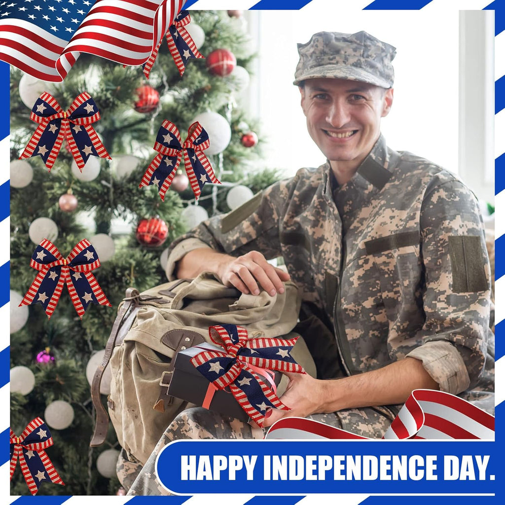 Skiennix 12 Pcs 6-Inch Patriotic Bows - Red, White & Blue Burlap Decor for 4th of July Celebrations