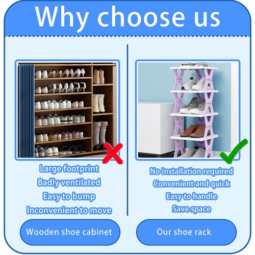 XDMTWLKJ Collapsible Shoe RackOrganizer 6 Tiers-Foldable Shoe Racks for Closet, Space-Saving Kid's Shoe Storage, No Assembly Shoe Shelves for Entryway, Living Room, Bedroom
