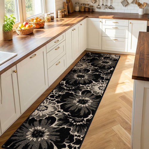 Findosom Hallway Runner Rug 2x8, Non Slip High-Low Textured Floral Washable Runner Rug with Rubber Backing, Boho Carpet Runner for Kitchen, Entryway, Bedroom, Laundry, Black & Beige