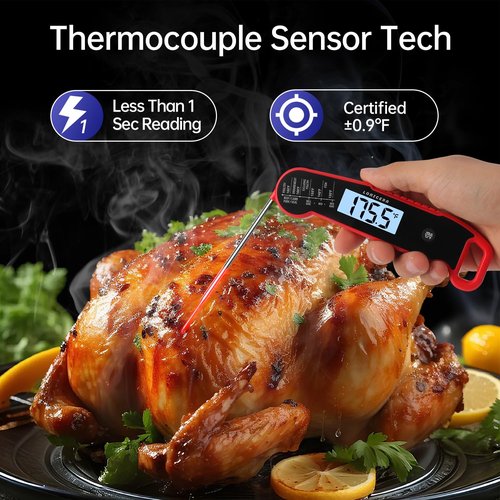 Lonicera Digital Meat Thermometer - Instant Read in 1 Sec | ±0.9℉ Accuracy, Waterproof, Auto-Rotating Display (Red)