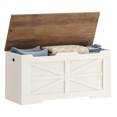 Hzuaneri 39.4" Storage Chest, Extra Large Storage Trunk with 2 Hinges, Wooden Box Bench, Lift-Top Organizer Chest, Shoe Bench for Entryway, Bedroom, Living Room, White and Brown SB03414X