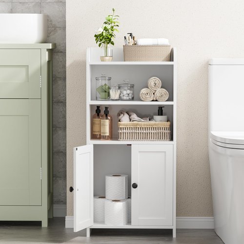 Homhedy Small Bathroom Storage Cabinet, Freestanding Toilet Paper Storage with 2 Doors and Shelves, Bathroom Organizers and Storage for Small Spaces, Laundry Room, 7.9" D x 14.6" W x 31" H, White
