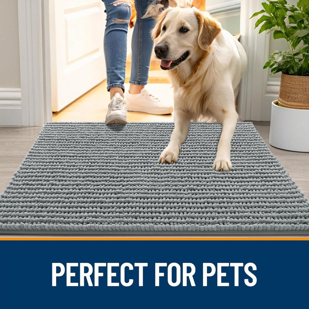 OLANLY Dog Door Mat - Ultra Absorbent Chenille Mud Doormat | Non-Slip & Washable 30x20, Grey