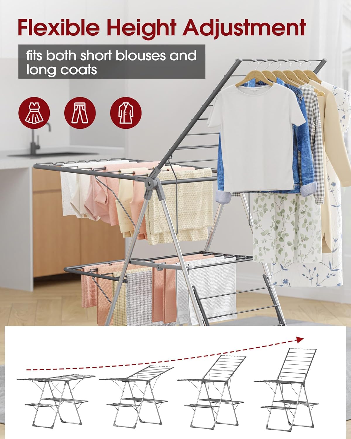Sakugi Clothes Drying Rack - Foldable 2-Level Design with Height-Adjustable Wings | Space-Saving Indoor & Outdoor Use, Gray, 55.5" L × 22.8" W