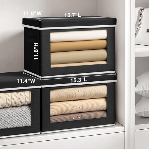 Homsorout Storage Bins - 3 Pack Large Fabric Boxes with Lids & Handles for Organizing Clothes | Black