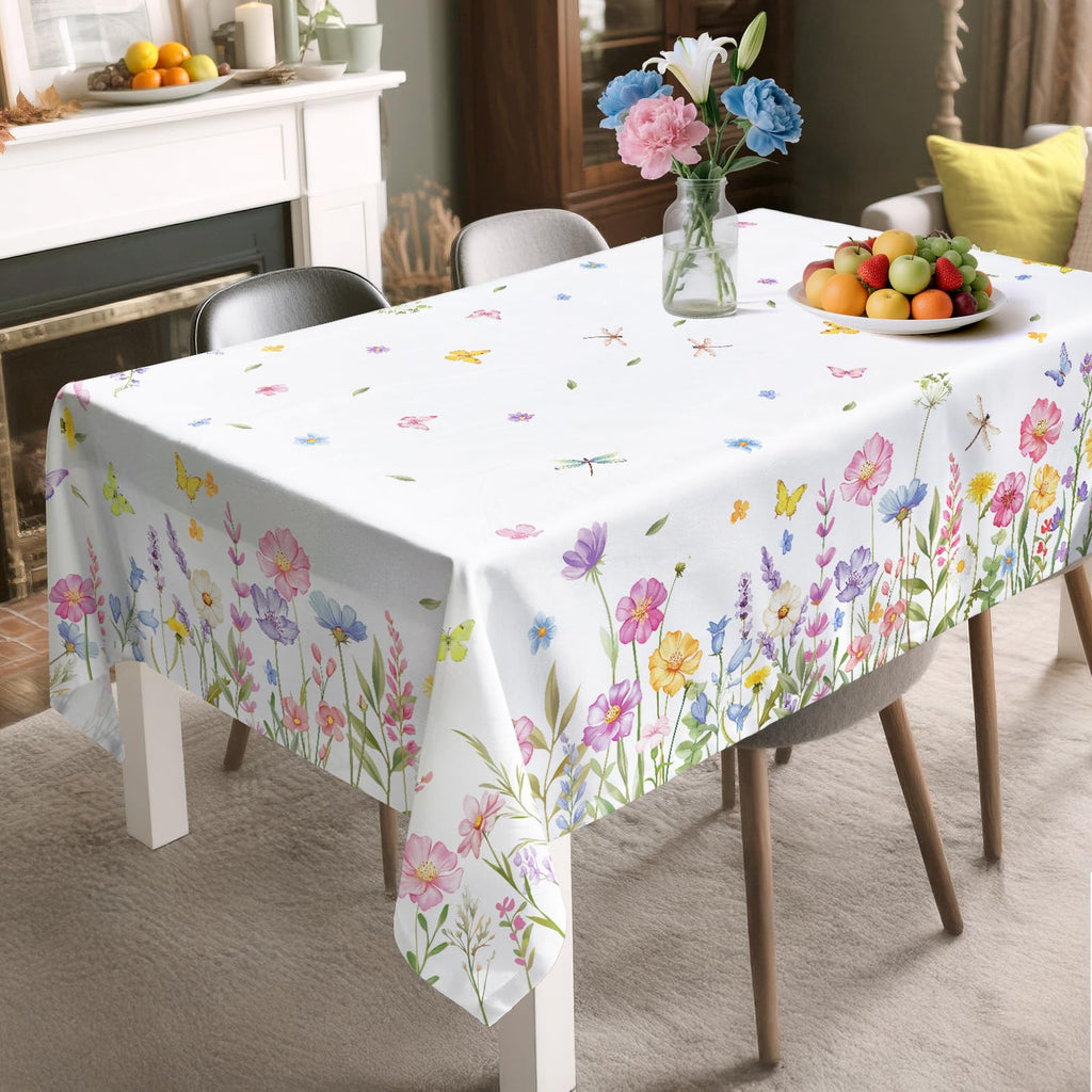 Arquiel Spring Summer Tablecloth Waterproof, Wild Flowers Butterfly Table Cloth Rectangle, Washable Table Cover for Party Picnic Wedding Outdoor Dining Decor (60×104 Inch)