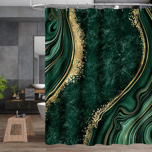 BayNook 4PCS Emerald Green Gold Marble Shower Curtain Sets with Rugs, Abstract Bathroom Sets with Shower Curtain and Rugs, Bathroom Curtains Shower Set with Toilet Lid Cover for Bathroom Decor