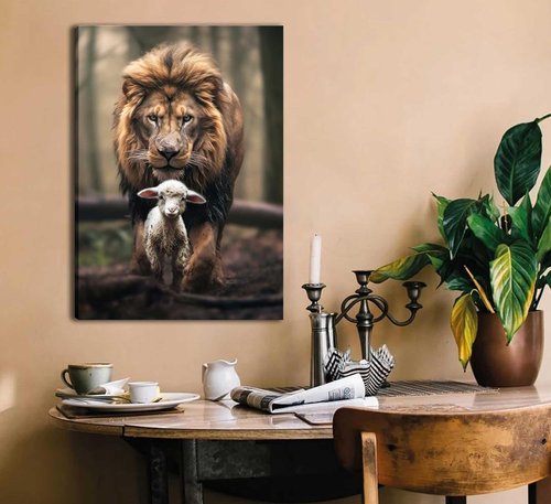 Framed Lion and Lamb Canvas Wall Art | Christian Jesus Lion King Poster for Living Room & Bedroom Decor