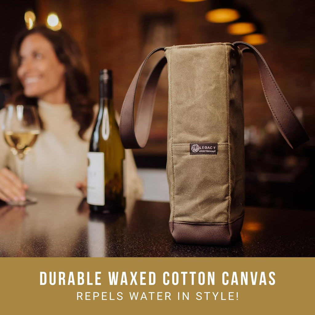 PICNIC TIME 2 and 3 Bottle Insulated Wine Bag, Distressed Waxed Canvas Wine Tote, Durable Bottle Carrier Bag for Gifts and Travel with Side Pockets & Removable Divider (Khaki Green with Brown Accents)