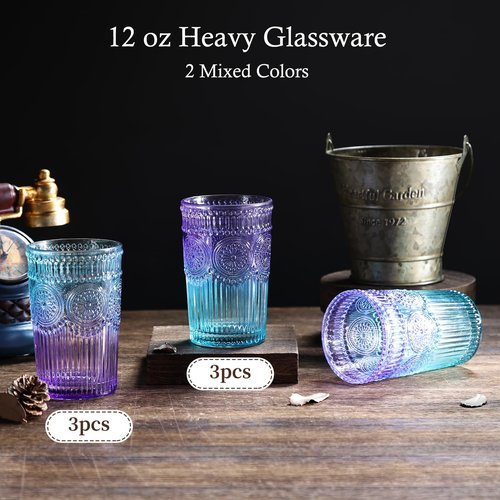 Loivttvv 6pcs Vintage Drinking Glasses Set, 12 oz Glass Cups, Embossed Ribbed Glassware Drinking Glasses for Cocktail, Water, Juice, Coffee, Whiskey