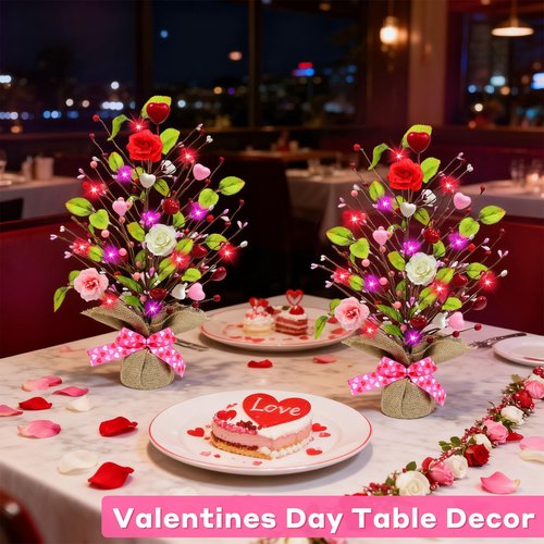 2 Pack & Timer - Valentines Day Decorations, 18 Inch Lighted Valentines Day Tree Tabletop with 20 Red Pink Lights Battery Operated Hearts Rose Berries Artificial Tree Valentines Decor Home Table Party