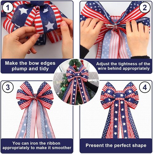 Hying Large Patriotic Wreath Bows - Red & Blue Striped Burlap with American Stars | Perfect for 4th of July & Memorial Day Decorations